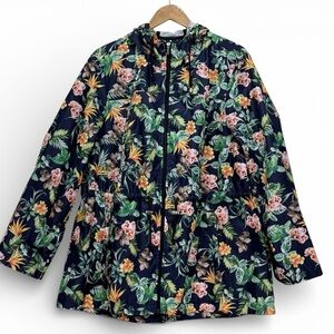 Susan Graver XL Tropical Floral Hooded Utility Jacket Zip Front